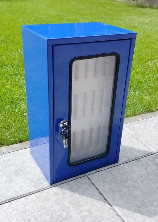 Box na telefony, modrý, s plexi průhledem